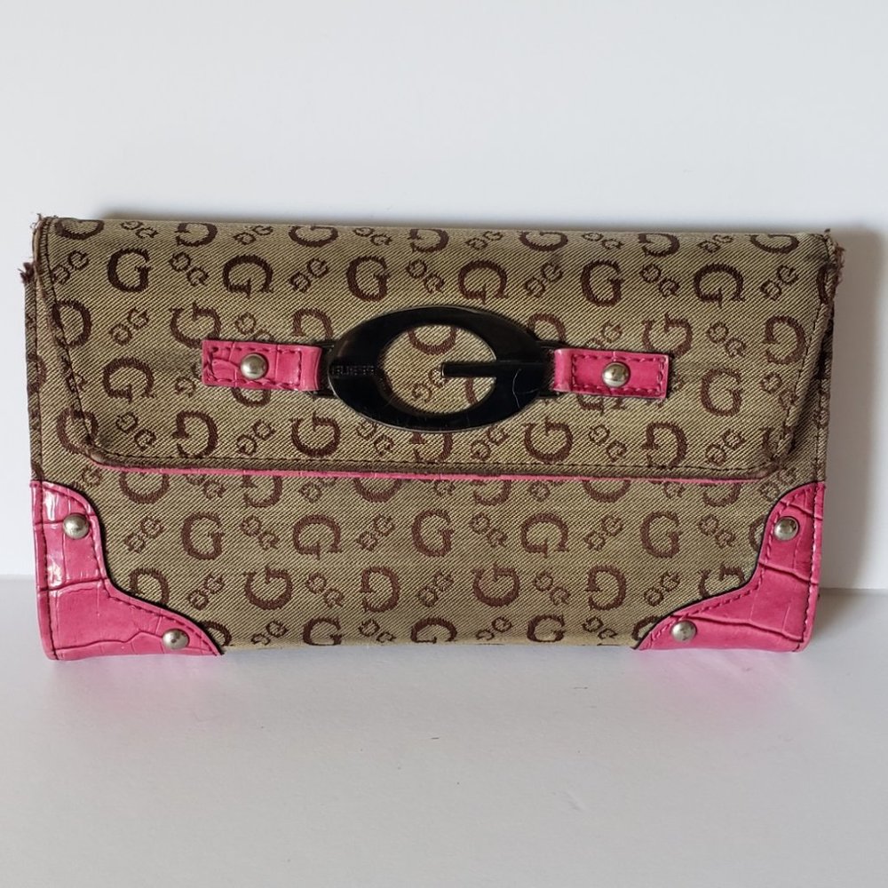 Guess Handbag Wallet Purse Tan Hot Pink Women's Small Extra Accessory Inside